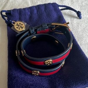 Tory Burch Leather Wrap Bracelet - Navy/deep red with gold hardware.